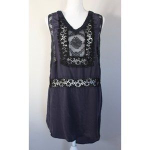 4 LOVE AND LIBERTY By Johnny Was 100% Silk Navy Blue & Black Lace Dress, XS